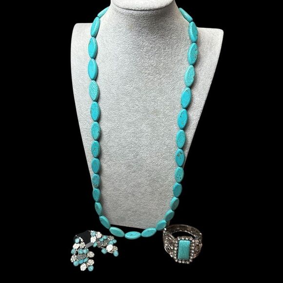 Handmade Turquoise Stone 36” Necklace + Rhinestone Clamper + Earrings - Picture 2 of 9